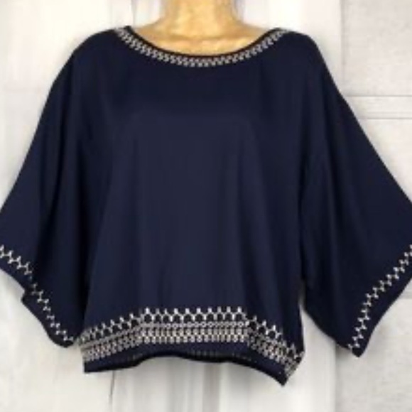 Women’s Navy Blue 3/4 Length Sleeve Crop Top with Cream Embroidery Detail - Picture 9 of 11
